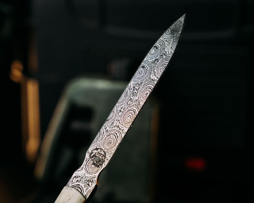 OSS Spike- Baker Forge Raindrop Damascus- Giraffe Bone, Mosaic Pins, Smooth Angled Grip