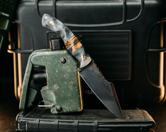 Widow Maker Jr- Baker Forge Random Pattern Damascus- Rams Horn Over Dyed Maple, Black G10 and Brass Pin Striping, Spalted Maple Split, Mosaic Pins, 1/8" Mosaic Pin, Textured Grip