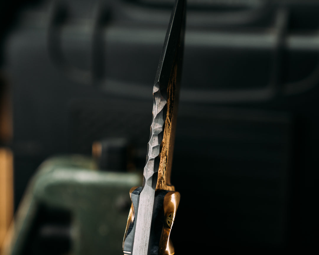 Widow Maker Jr- Baker Forge Random Pattern Damascus- Rams Horn Over Dyed Maple, Black G10 and Brass Pin Striping, Spalted Maple Split, Mosaic Pins, 1/8" Mosaic Pin, Textured Grip