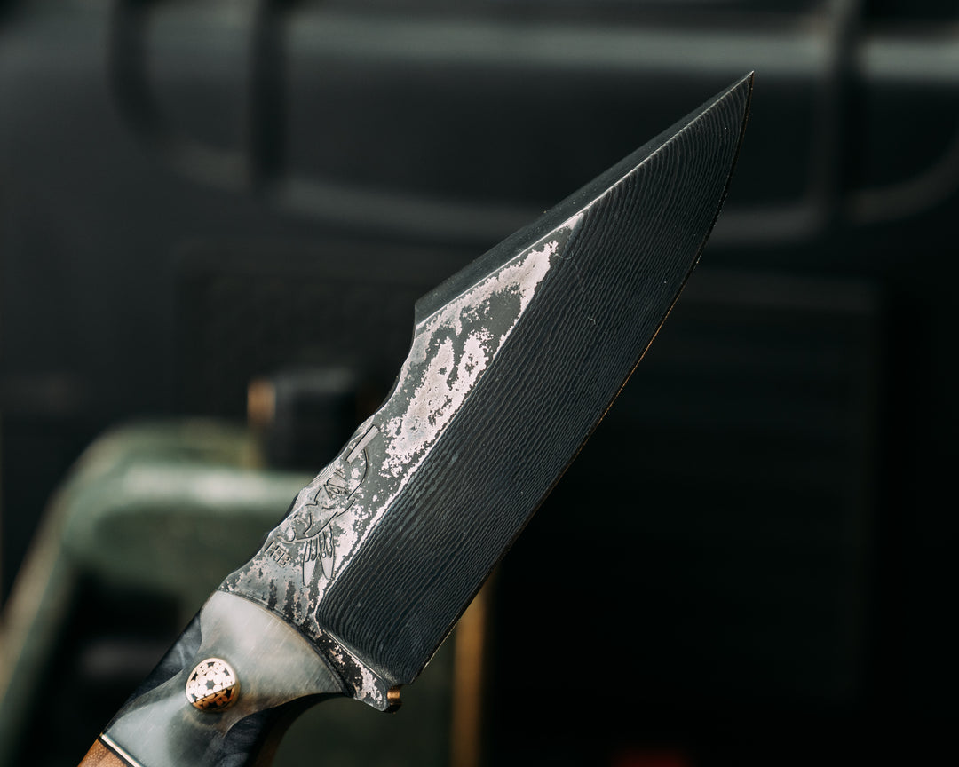 Widow Maker Jr- Baker Forge Random Pattern Damascus- Rams Horn Over Dyed Maple, Black G10 and Brass Pin Striping, Spalted Maple Split, Mosaic Pins, 1/8" Mosaic Pin, Textured Grip
