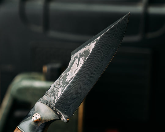 Widow Maker Jr- Baker Forge Random Pattern Damascus- Rams Horn Over Dyed Maple, Black G10 and Brass Pin Striping, Spalted Maple Split, Mosaic Pins, 1/8" Mosaic Pin, Textured Grip