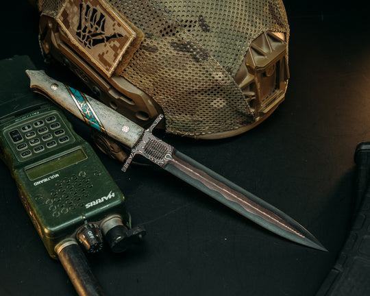 V-42 Dagger- Baker Forge Raindrop Pattern CopperMai- CO Elk, Black G10 and Brass Pin Striping, Turquoise with Gold Web Tru-stone Split, Mosaic Pins, Smooth Grip