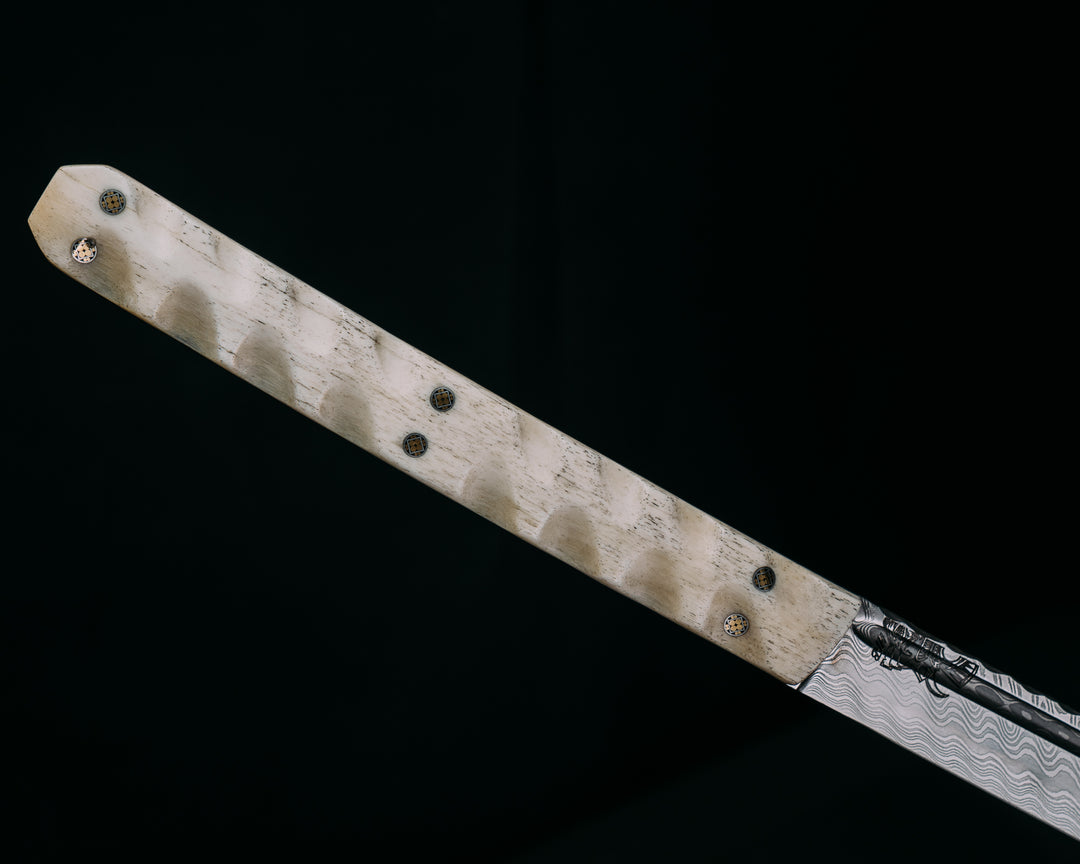 Katana- Baker Forge Zeus Pattern Performance Stainless Damascus- Giraffe Bone, Mosaic Pins, Textured Grip