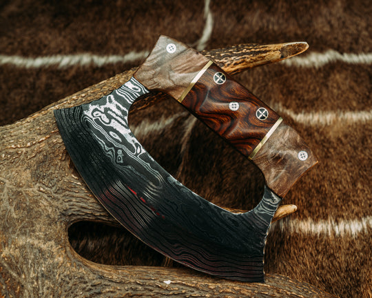 Ulu- Random Pattern Damascus- Maple, Brass and Desert Ironwood Split, Mosaic Pins, Textured Grip