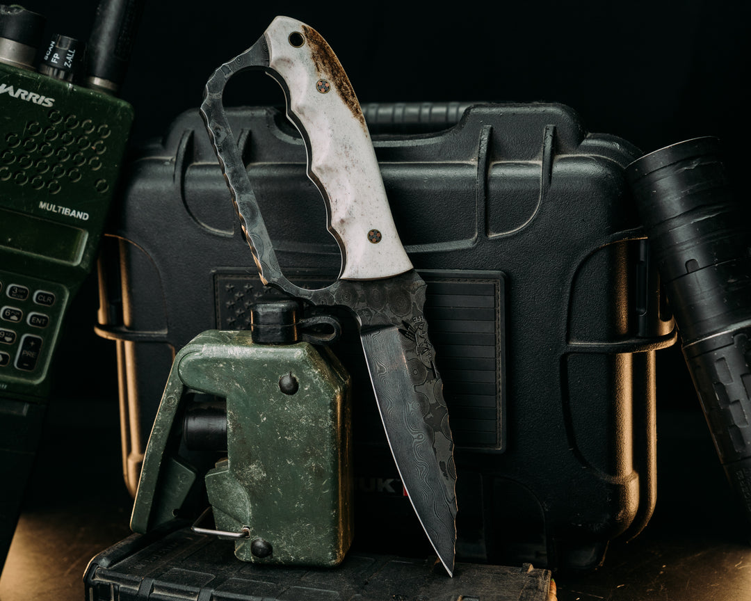 Trench Knife- Baker Forge Raindrop Damascus- Elk Antler, Mosaic Pins, Brass Lanyard Pin, Smooth Textured Grip