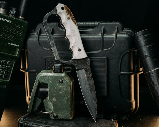 Trench Knife- Baker Forge Raindrop Damascus- Elk Antler, Mosaic Pins, Brass Lanyard Pin, Smooth Textured Grip