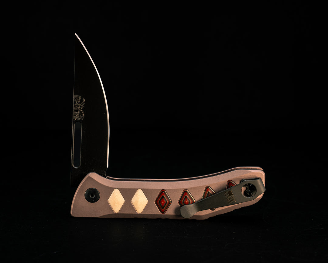 Custom Kwaiken Folder- Aged Bone Paper Micarta and Red Dragon Camo Quartz Inlay, Anodized Grey Handle, Black Nitride Blade, Textured Grip, Deep Carry Pocket Clip