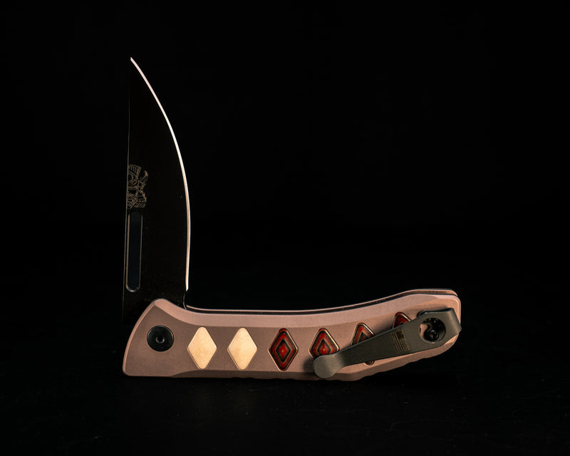 Custom Kwaiken Folder- Aged Bone Paper Micarta and Red Dragon Camo Quartz Inlay, Anodized Grey Handle, Black Nitride Blade, Textured Grip, Deep Carry Pocket Clip