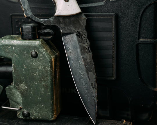 Trench Knife- Baker Forge Raindrop Damascus- Elk Antler, Mosaic Pins, Brass Lanyard Pin, Smooth Textured Grip