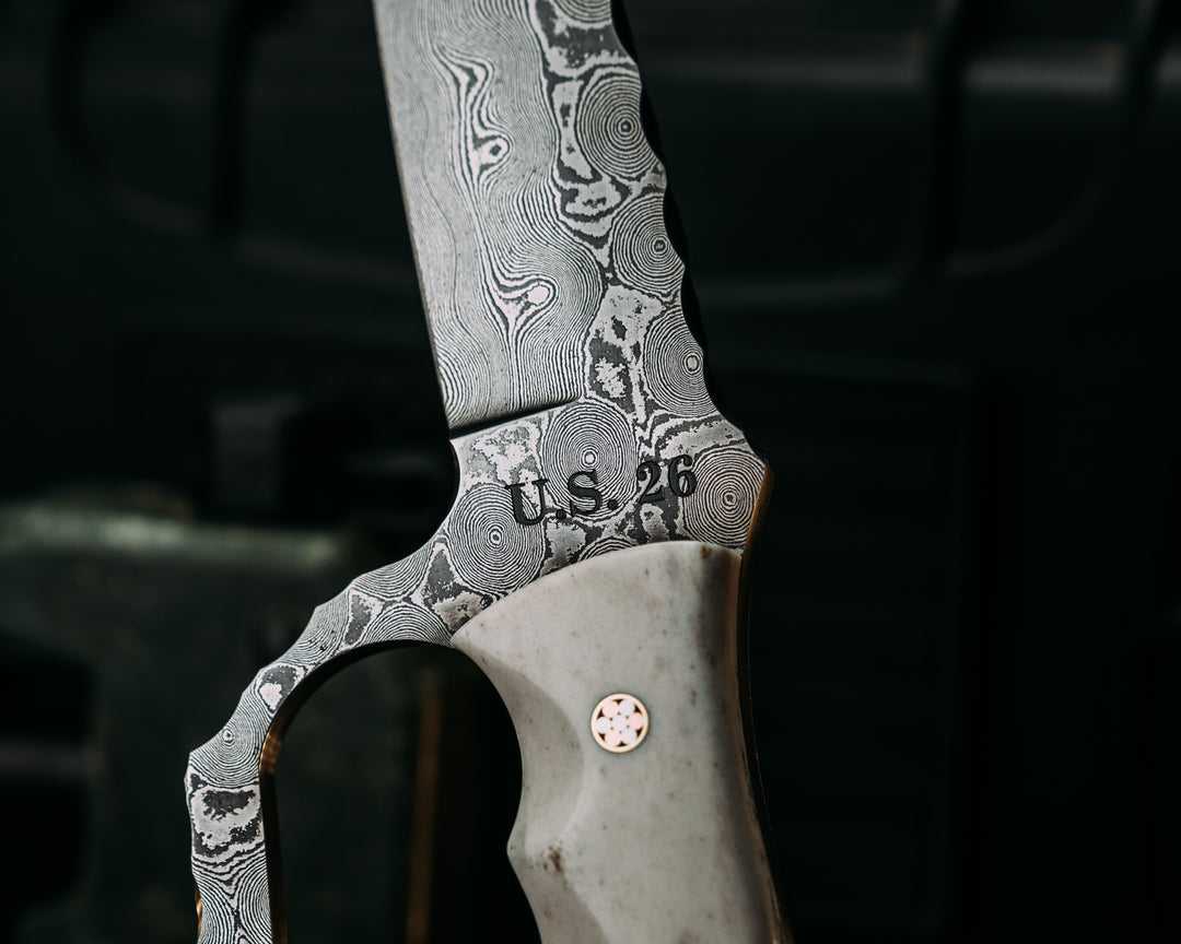 Trench Knife- Baker Forge Raindrop Damascus- Elk Antler, Mosaic Pins, Brass Lanyard Pin, Smooth Textured Grip