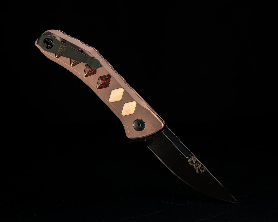 Custom Kwaiken Folder- Aged Bone Paper Micarta and Red Dragon Camo Quartz Inlay, Anodized Grey Handle, Black Nitride Blade, Textured Grip, Deep Carry Pocket Clip