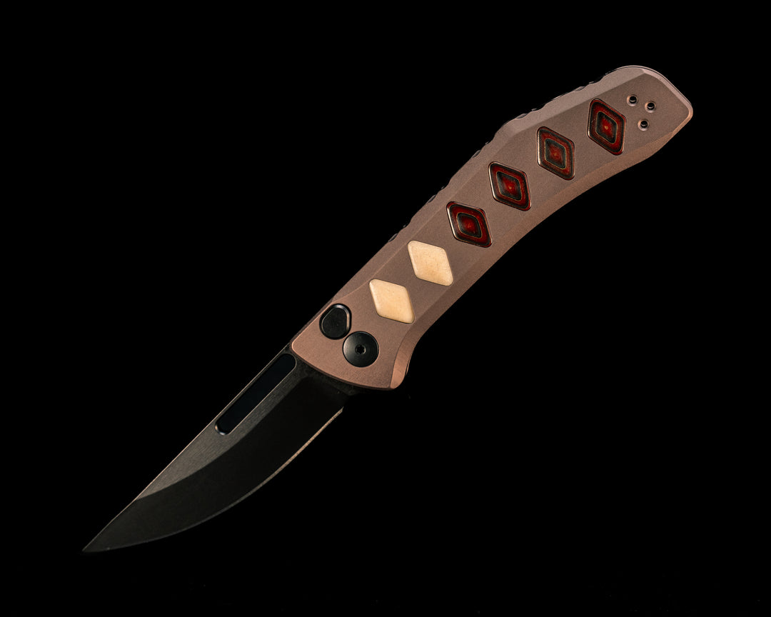 Custom Kwaiken Folder- Aged Bone Paper Micarta and Red Dragon Camo Quartz Inlay, Anodized Grey Handle, Black Nitride Blade, Textured Grip, Deep Carry Pocket Clip