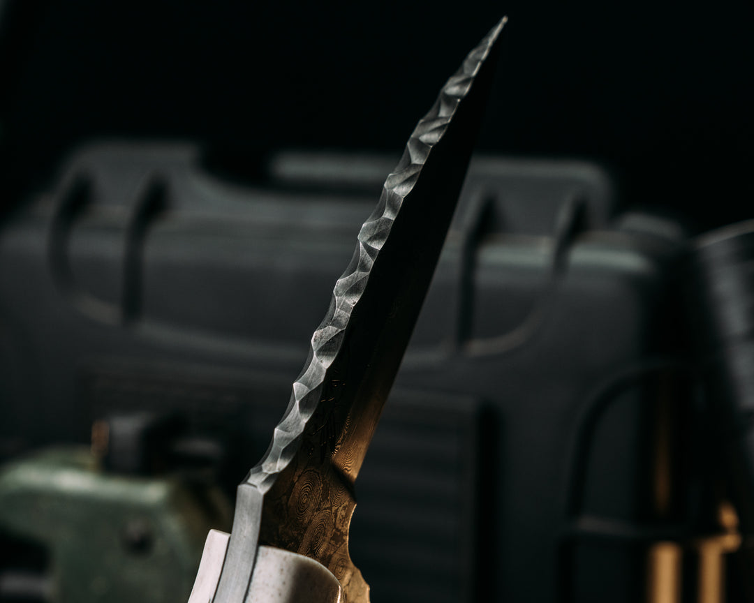 Trench Knife- Baker Forge Raindrop Damascus- Elk Antler, Mosaic Pins, Brass Lanyard Pin, Smooth Textured Grip