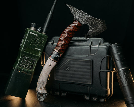 Warbird- Snakewood, Black G10 and Bronze Pin Striping, Vintage American Flag Split, Elk Antler, Bronze Pins, Textured Grip