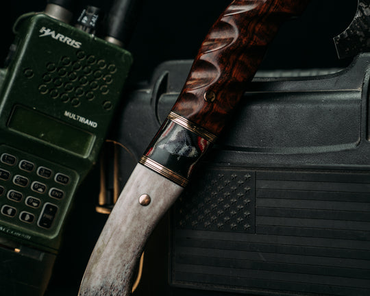 Warbird- Snakewood, Black G10 and Bronze Pin Striping, Vintage American Flag Split, Elk Antler, Bronze Pins, Textured Grip