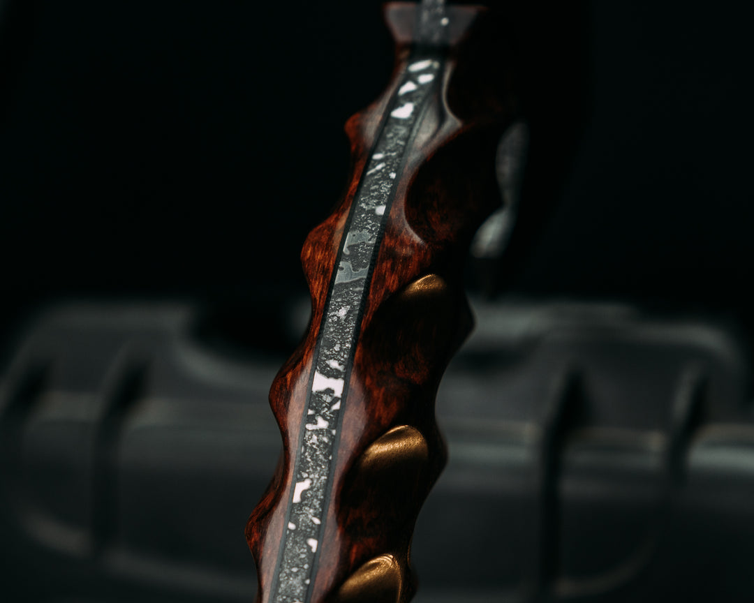 Warbird- Snakewood, Black G10 and Bronze Pin Striping, Vintage American Flag Split, Elk Antler, Bronze Pins, Textured Grip