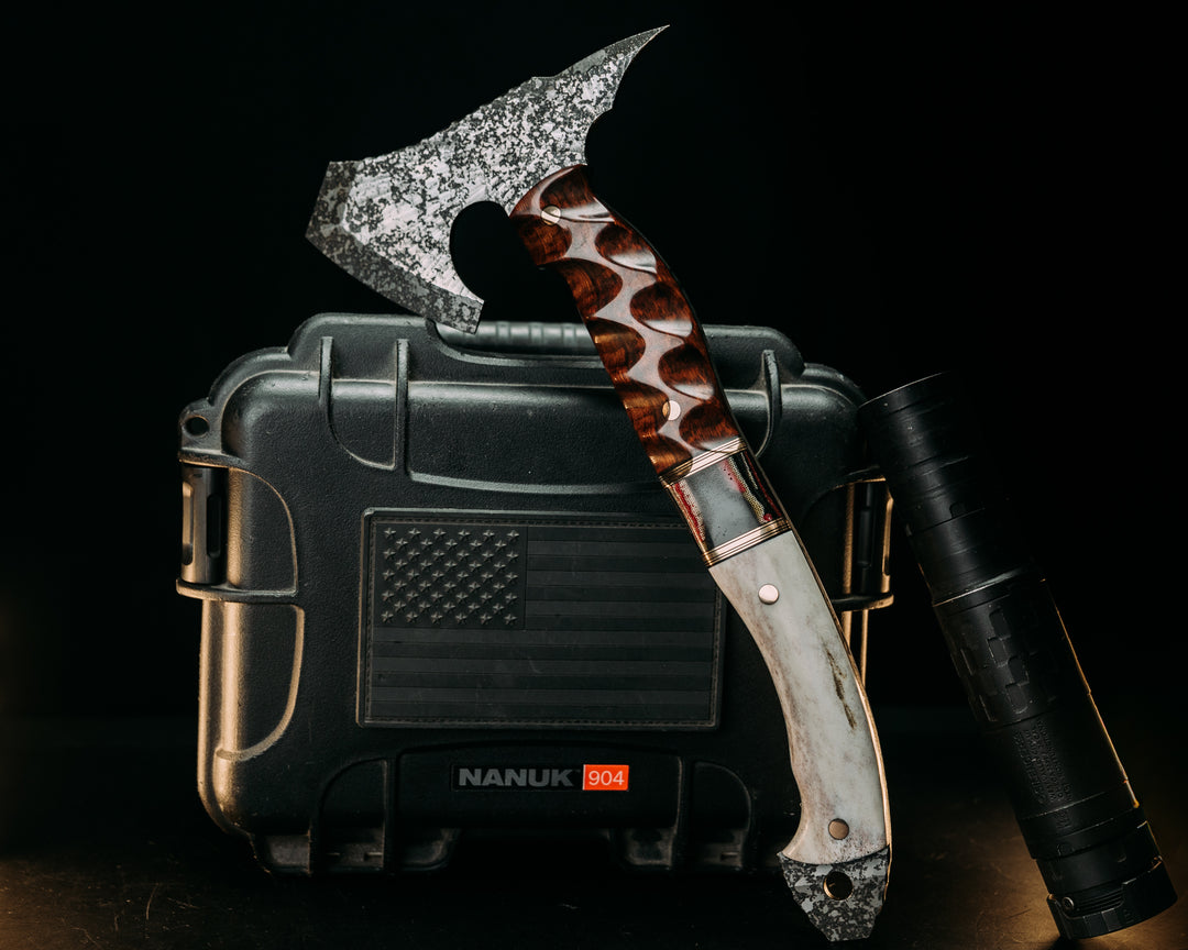 Warbird- Snakewood, Black G10 and Bronze Pin Striping, Vintage American Flag Split, Elk Antler, Bronze Pins, Textured Grip