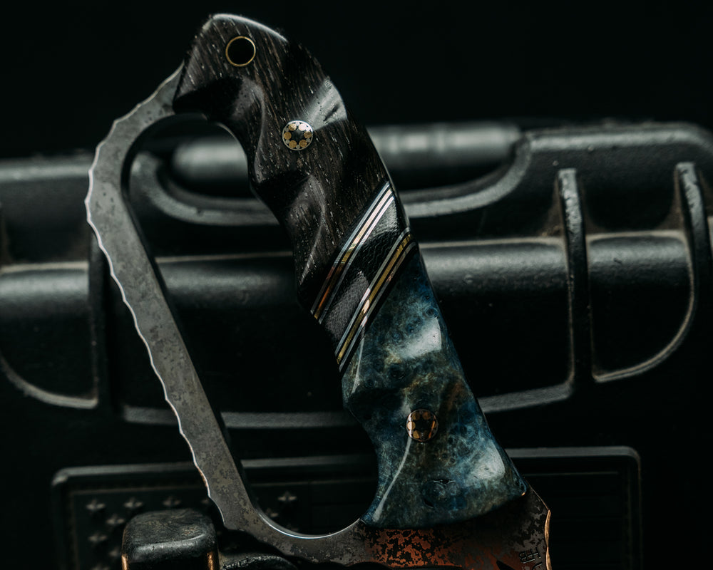 Trench Knife- Baker Forge Random Pattern Damascus- Dyed Black Ash, Black G10, Aluminum and Brass Pin Striping, Black Canvas Micarta Split, Ancient Bog Oak, Mosaic Pins, Brass Lanyard Pin, Textured Grip