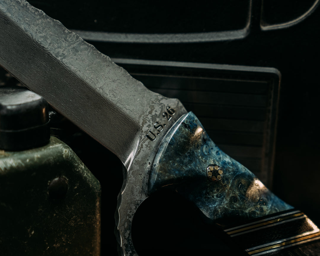 Trench Knife- Baker Forge Random Pattern Damascus- Dyed Black Ash, Black G10, Aluminum and Brass Pin Striping, Black Canvas Micarta Split, Ancient Bog Oak, Mosaic Pins, Brass Lanyard Pin, Textured Grip
