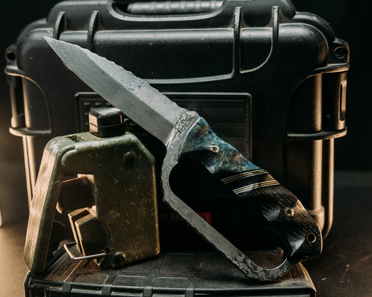 Trench Knife- Baker Forge Random Pattern Damascus- Dyed Black Ash, Black G10, Aluminum and Brass Pin Striping, Black Canvas Micarta Split, Ancient Bog Oak, Mosaic Pins, Brass Lanyard Pin, Textured Grip