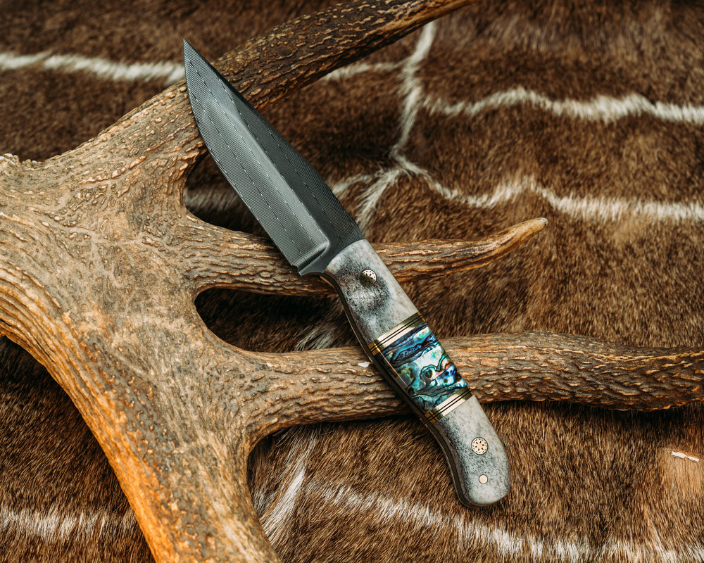 Crow Jr (compound grind)- Vegas Forge Herringbone- Brass and Black G10 Pin Striping, Abalone Split, Mosaic Pins, 1/8" Brass Pin, Contoured Grip