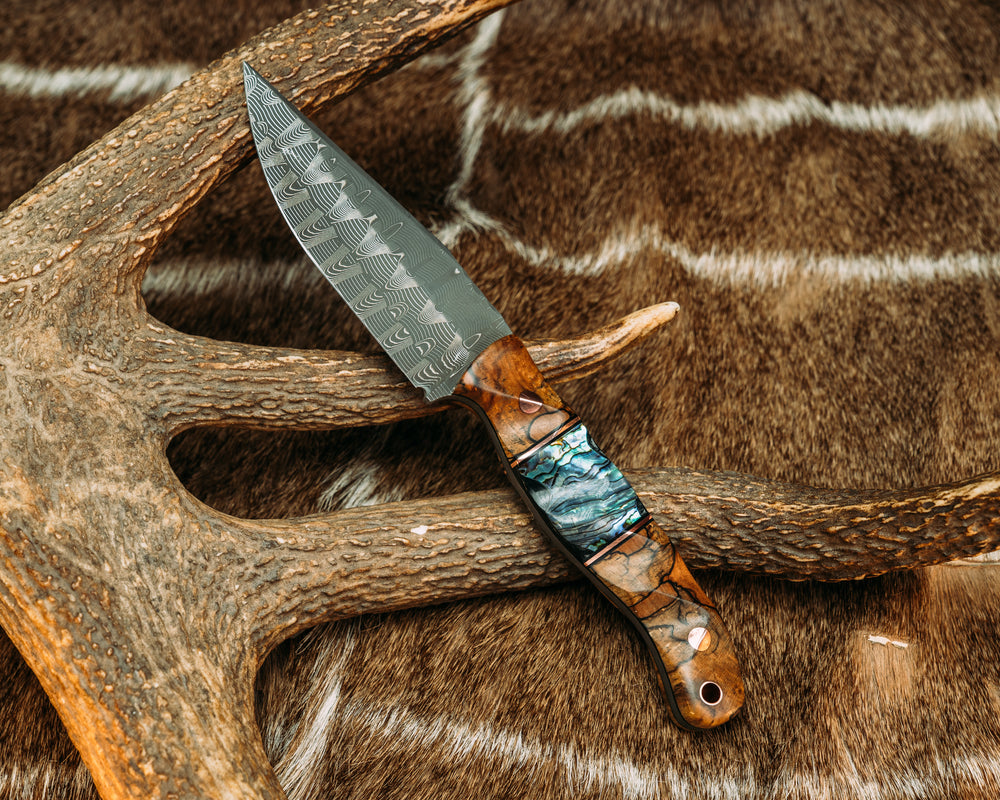 Crow Jr (compound grind)- Vegas Forge Basketweave- Spalted Tamarind, Black G10 and Copper Pin Striping, Abalone in Resin Split, Copper Pins, Copper Lanyard Pin, Textured Grip