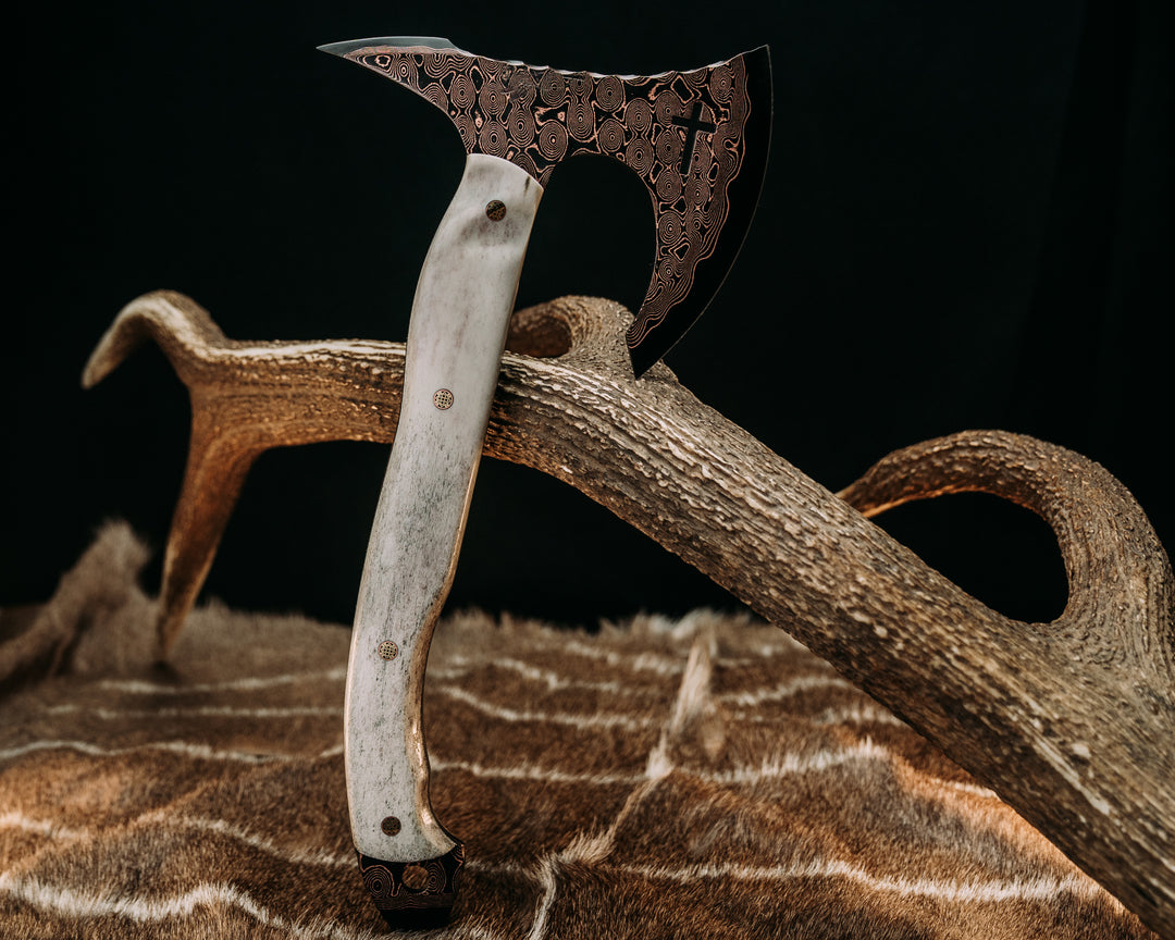Viking Spike Hawk- Baker Forge Raindrop CopperMai- Elk Antler, Mosaic Pins, Textured Grip