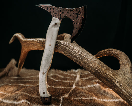 Viking Spike Hawk- Baker Forge Raindrop CopperMai- Elk Antler, Mosaic Pins, Textured Grip