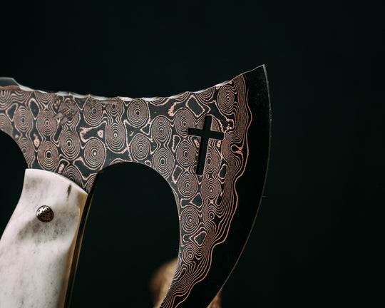 Viking Spike Hawk- Baker Forge Raindrop CopperMai- Elk Antler, Mosaic Pins, Textured Grip