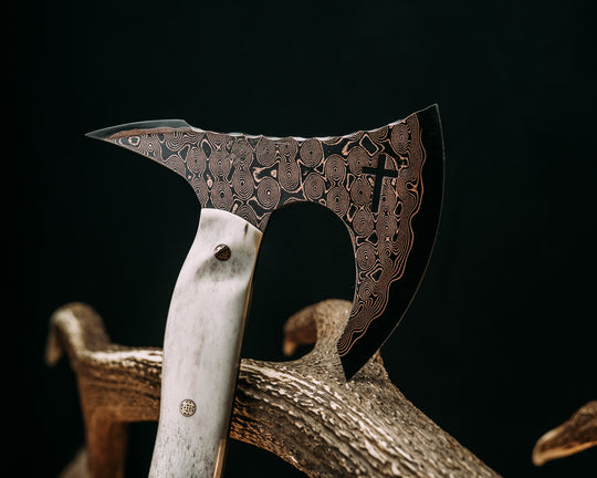 Viking Spike Hawk- Baker Forge Raindrop CopperMai- Elk Antler, Mosaic Pins, Textured Grip