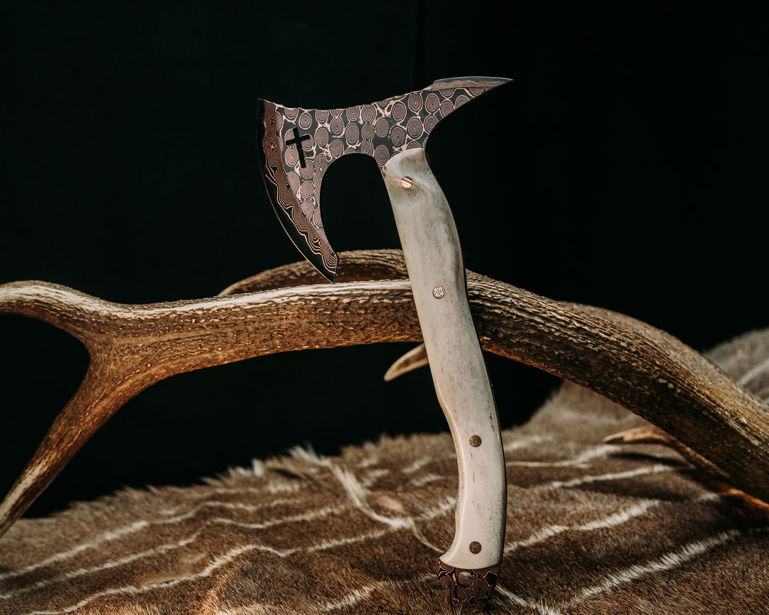 Viking Spike Hawk- Baker Forge Raindrop CopperMai- Elk Antler, Mosaic Pins, Textured Grip