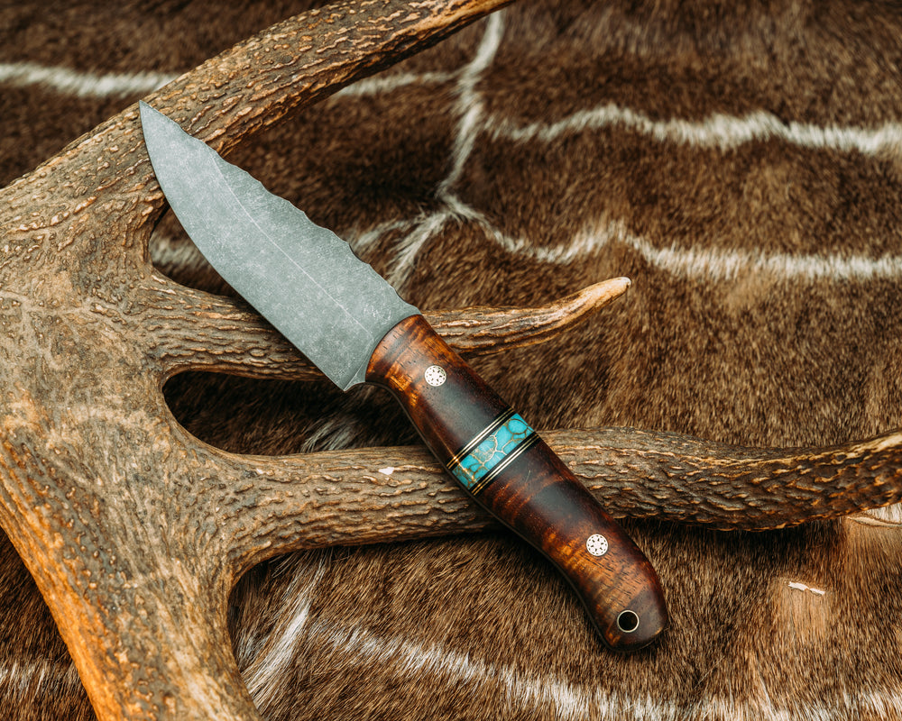 Crow Jr - Hawaiian Curly Koa, Black G10 and Brass Pin Striping, Turquoise with Gold Web Tru-stone Split, Mosaic Pins, Brass Lanyard Pin, Smooth Grip