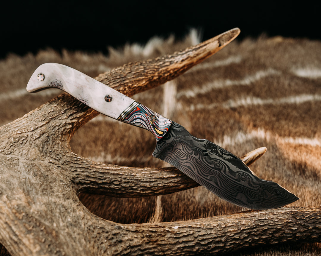 OG Skinner- Baker Forge Zeus Stainless Damascus- Fordite, Black G10, Brass and Aluminum Split, Elk Antler, Mosaic Pins, Textured Grip