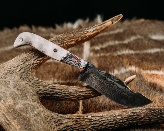 OG Skinner- Baker Forge Zeus Stainless Damascus- Fordite, Black G10, Brass and Aluminum Split, Elk Antler, Mosaic Pins, Textured Grip