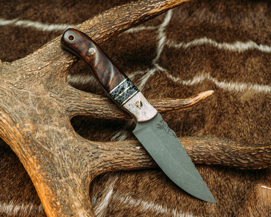 Crow Jr - Black G10 and Brass Pin Striping, Black with White Web Tru-stone Split, Desert Ironwood, Mosaic Pins, Brass Lanyard Pin, Grooved Grip