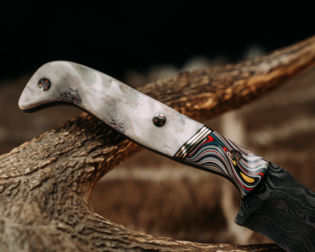 OG Skinner- Baker Forge Zeus Stainless Damascus- Fordite, Black G10, Brass and Aluminum Split, Elk Antler, Mosaic Pins, Textured Grip