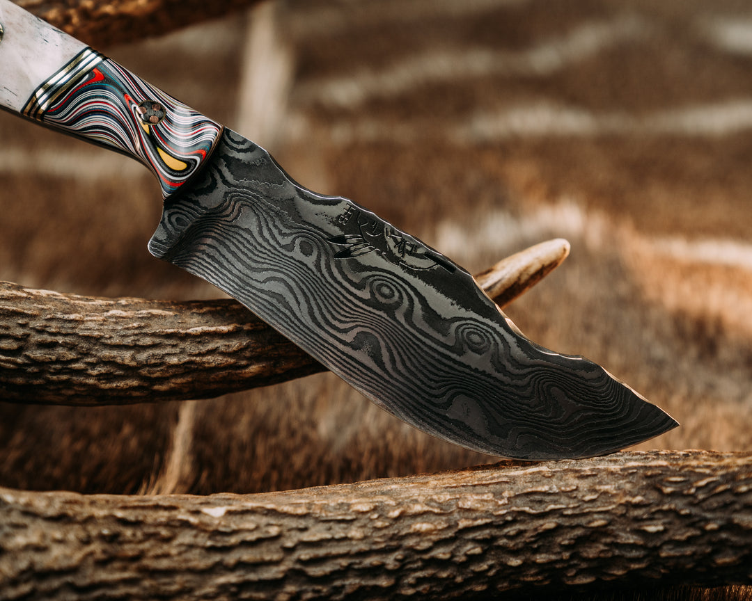 OG Skinner- Baker Forge Zeus Stainless Damascus- Fordite, Black G10, Brass and Aluminum Split, Elk Antler, Mosaic Pins, Textured Grip