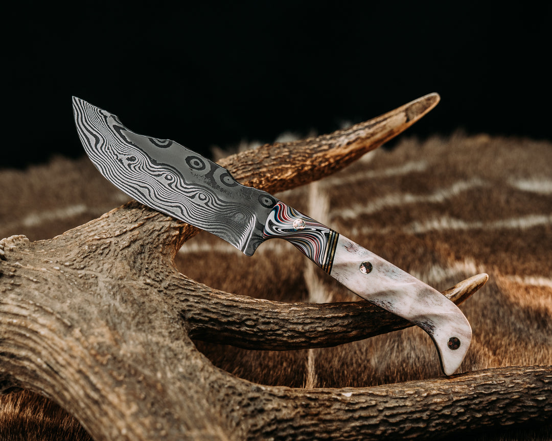 OG Skinner- Baker Forge Zeus Stainless Damascus- Fordite, Black G10, Brass and Aluminum Split, Elk Antler, Mosaic Pins, Textured Grip