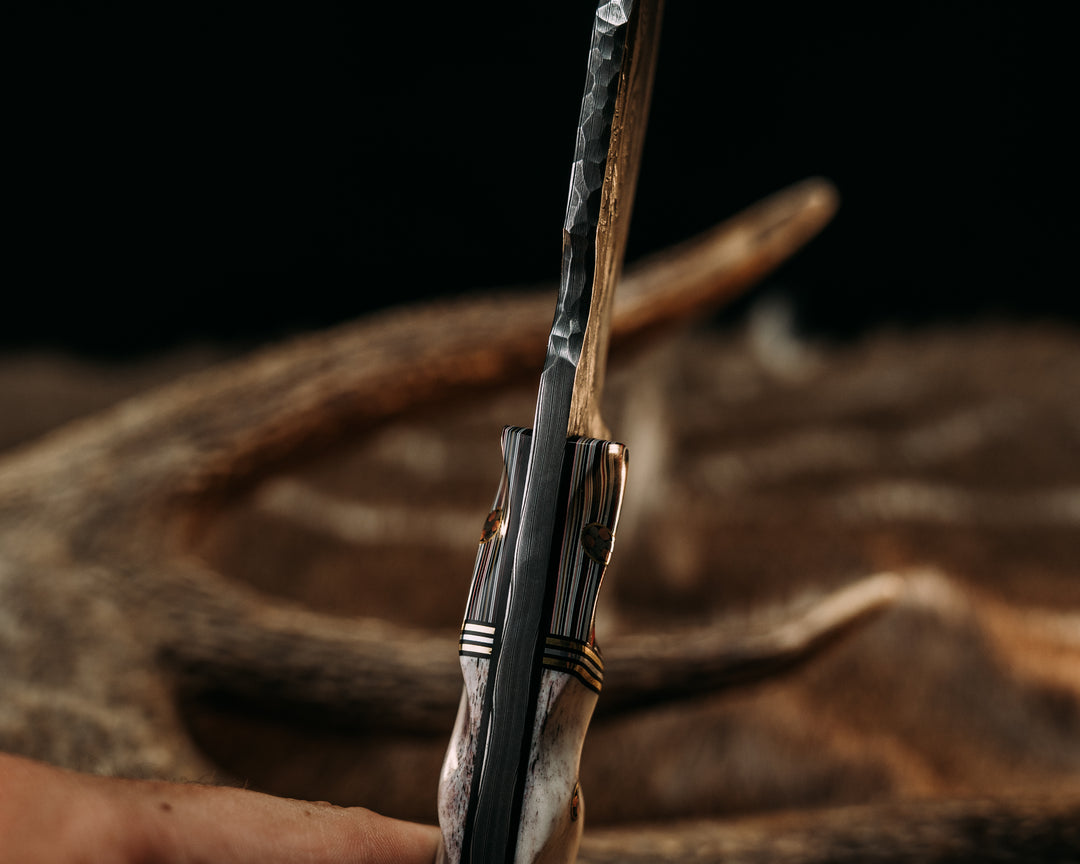 OG Skinner- Baker Forge Zeus Stainless Damascus- Fordite, Black G10, Brass and Aluminum Split, Elk Antler, Mosaic Pins, Textured Grip
