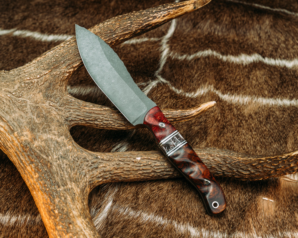 Hunter Skinner- Dyed Maple, Black G10, White G10 and Aluminum Pin Striping, Dyed Coral Split, Desert Ironwood, Mosaic Pins, Aluminum Lanyard Pin, Textured Grip