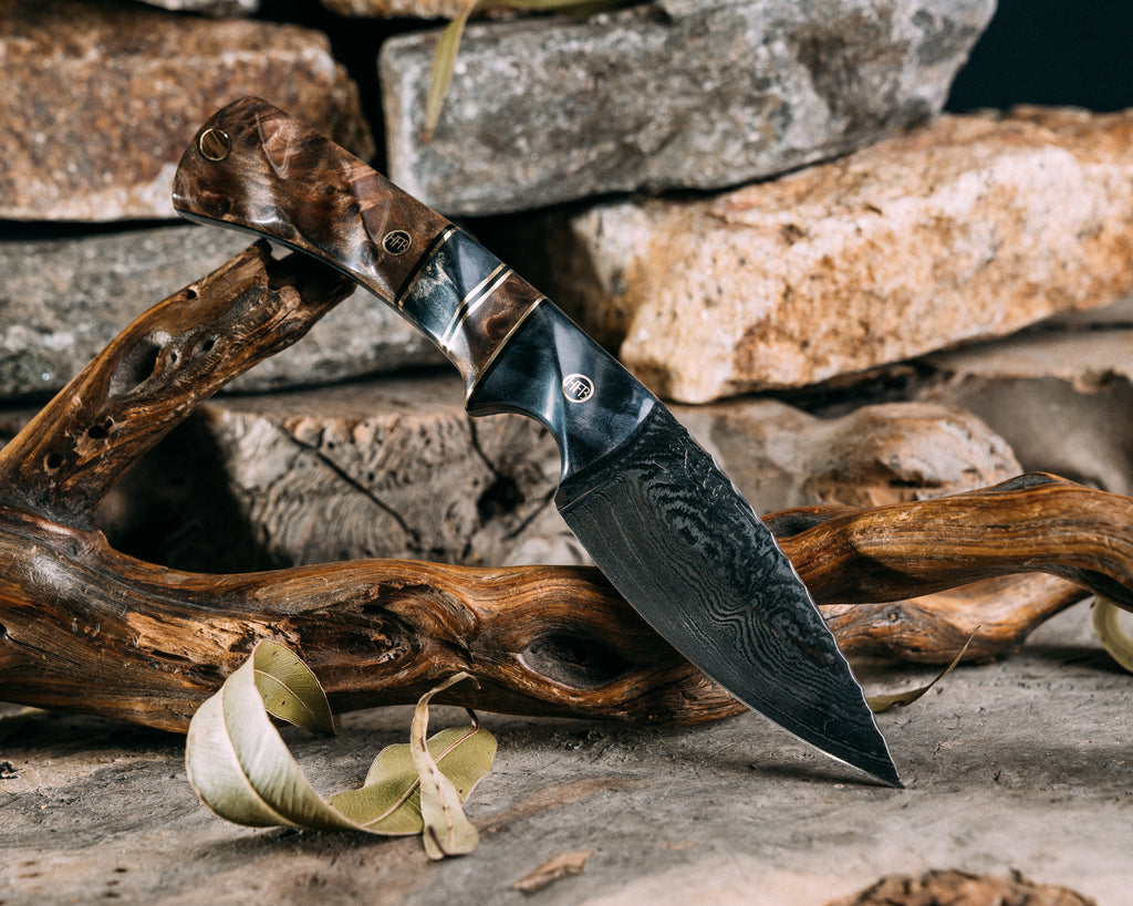 Storm Breaker Damascus - Dyed Maple, Black G10 and Brass Pin Striping, Redwood and Dyed Maple Split, Redwood, Burl, HFB Mosaic Pins, Brass Lanyard Pin, Textured Grip