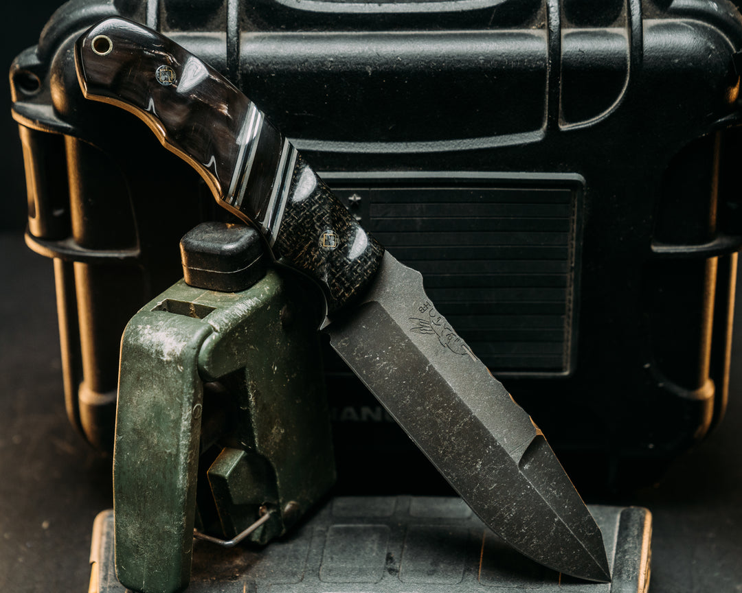 Disaster Breacher Gen 3- Black Burlap Minaret, Black G10, Charcoal G10 and Aluminum Pin Striping, Bison Horn Split, Bison Horn, Mosaic Pins, Brass Lanyard Pin, Textured Grip