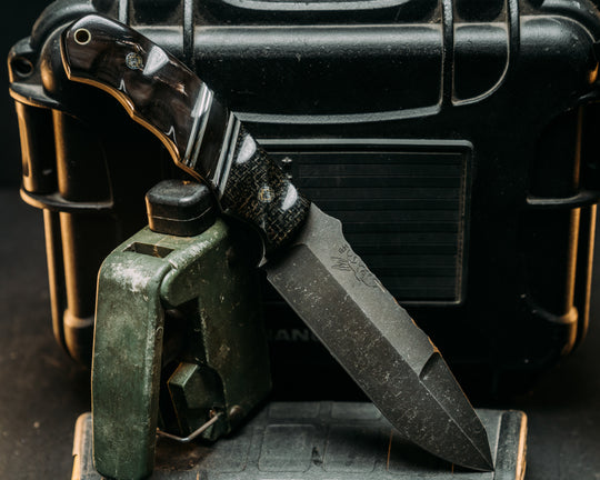 Disaster Breacher Gen 3- Black Burlap Minaret, Black G10, Charcoal G10 and Aluminum Pin Striping, Bison Horn Split, Bison Horn, Mosaic Pins, Brass Lanyard Pin, Textured Grip