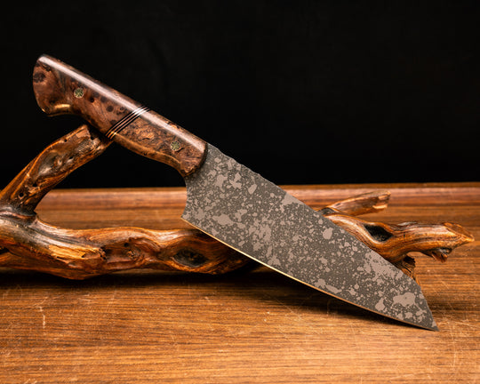 Santoku- Mahogany, Black G10 and Copper Split, Redwood Burl, Mosaic Pins, Smooth Grip