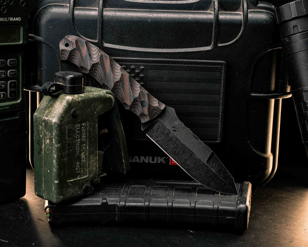 Disaster Jr Gen 3- Brown and Black Canvas Micarta, CF Pins, CF Lanyard Pin, Textured Grip