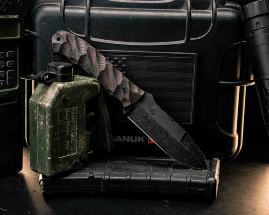 Disaster Jr Gen 3- Brown and Black Canvas Micarta, CF Pins, CF Lanyard Pin, Textured Grip