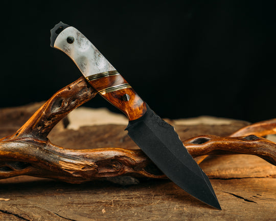 Field Knife (CruWear) - Desert Ironwood, Black G10 & Brass Pin Striping, Hawaiian Curly Koa Split, Mosaic Pins, Textured Grip.