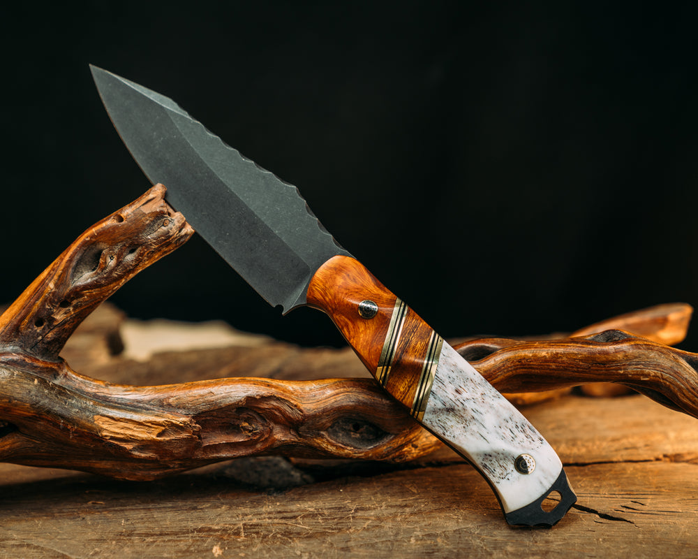 Field Knife (CruWear) - Desert Ironwood, Black G10 & Brass Pin Striping, Hawaiian Curly Koa Split, Mosaic Pins, Textured Grip.
