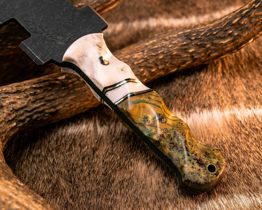 Mini Macuahuitl- Elk Antler, Black G10 and Brass Pin Striping, Ivory Pearl Resin Split, Dyed Black Ash Burl, Mosaic Pins, Brass Lanyard Pin, Textured Grip