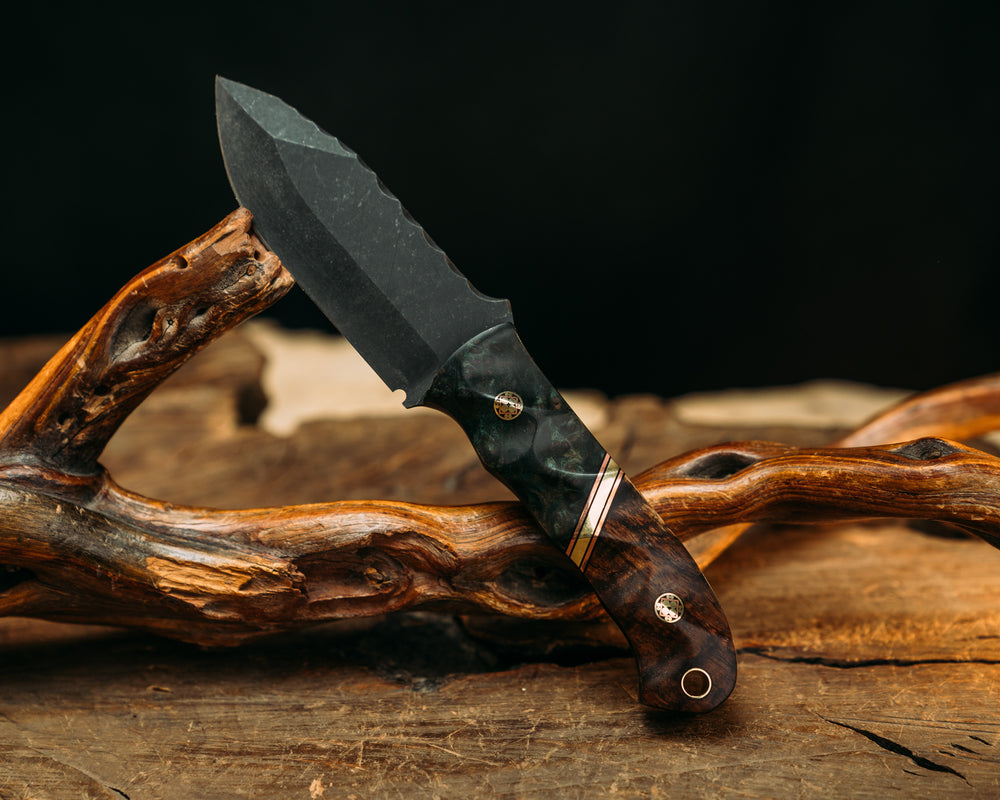 Disaster Cub - Dyed Redwood, Black G10 & Copper Pin Striping, Brass Split, Hawaiian Curly Koa, Mosaic Pins, Textured Grip.